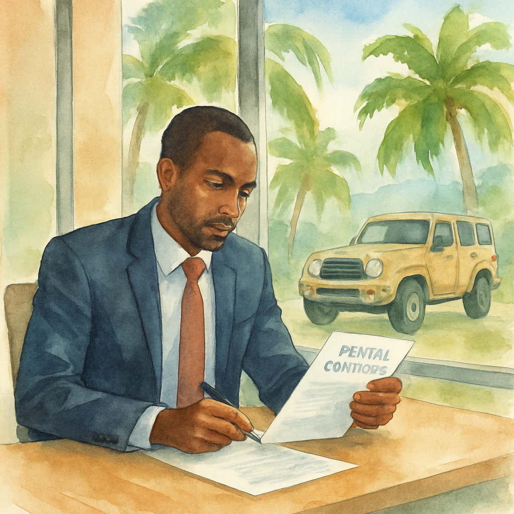 A business traveler reviewing a car rental contract at a desk inside a modern office in São Tomé, with tropical palm trees visible through the window and a 4x4 vehicle parked outside