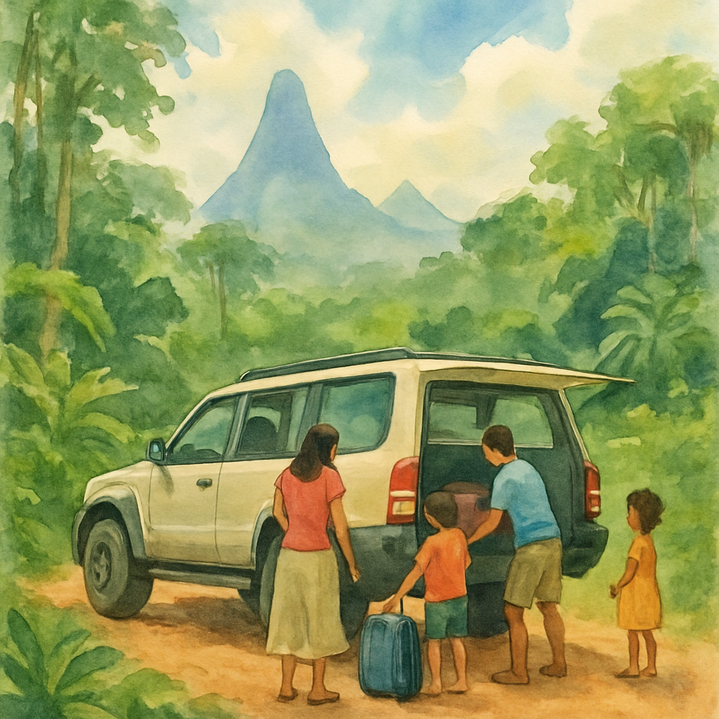A family loading luggage into a spacious 4x4 SUV on a dirt road surrounded by dense São Tomé rainforest, with volcanic mountains visible in the background under a partly cloudy tropical sky