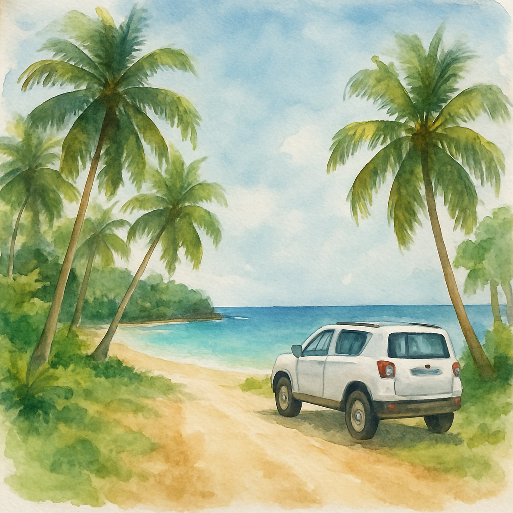 A turquoise deserted beach in São Tomé island with a white rental SUV parked on a sandy path surrounded by palm trees, clear blue sky, no other tourists visible, tropical paradise atmosphere