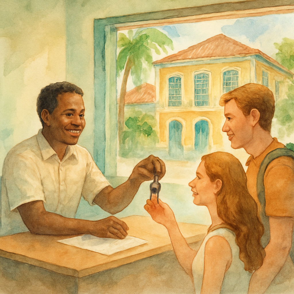 A small car rental agency office in São Tomé city with a friendly agent handing car keys to a tourist couple, colorful Portuguese colonial-style building facade in the background, warm natural lighting, professional atmosphere