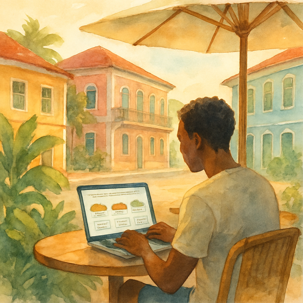 A tourist looking at a laptop screen showing car rental comparison prices, sitting at an open-air café in São Tomé city with colorful Portuguese colonial buildings in the background, tropical plants visible, warm afternoon light