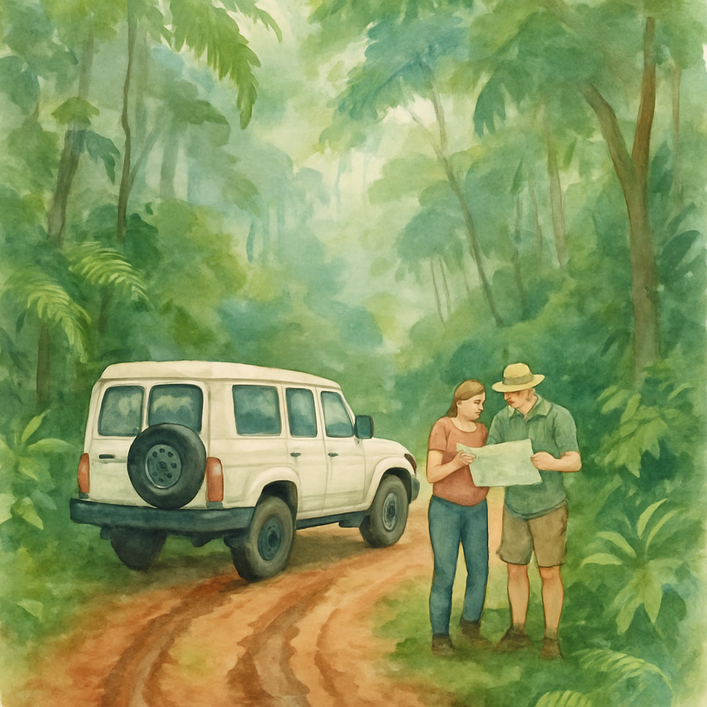 A white 4x4 SUV parked on a dirt road surrounded by dense tropical rainforest in São Tomé, with a couple of tourists looking at a map by the vehicle, muddy tracks visible on the road, lush green canopy above