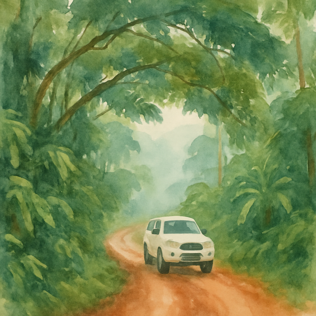 Narrow jungle road in São Tomé island with red clay surface, overhanging tropical trees forming a canopy, a white SUV navigating the path, mist in the background suggesting altitude