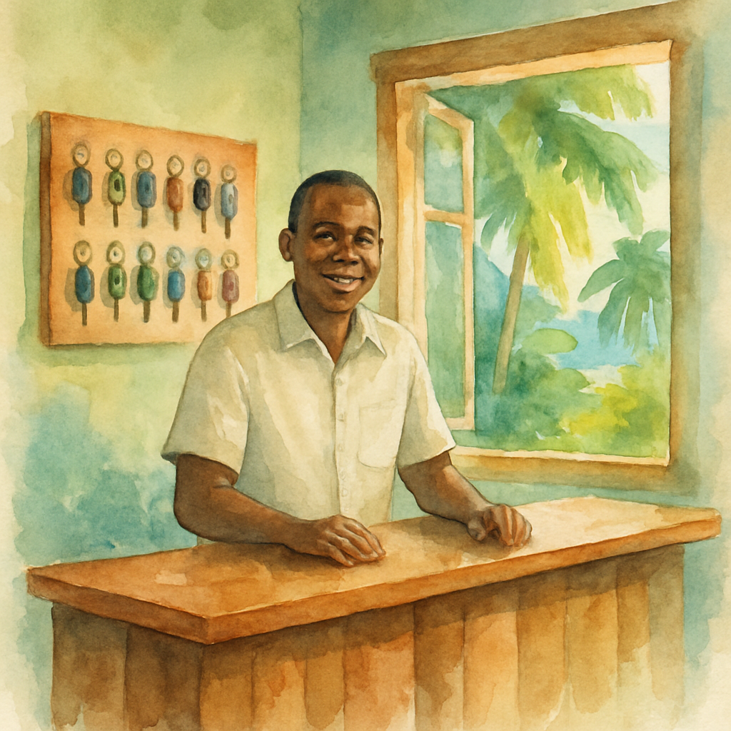 Car rental reception desk in a small tropical office in São Tomé city, wooden counter with keys hanging on hooks, friendly staff member in a light shirt, bright natural light from open window