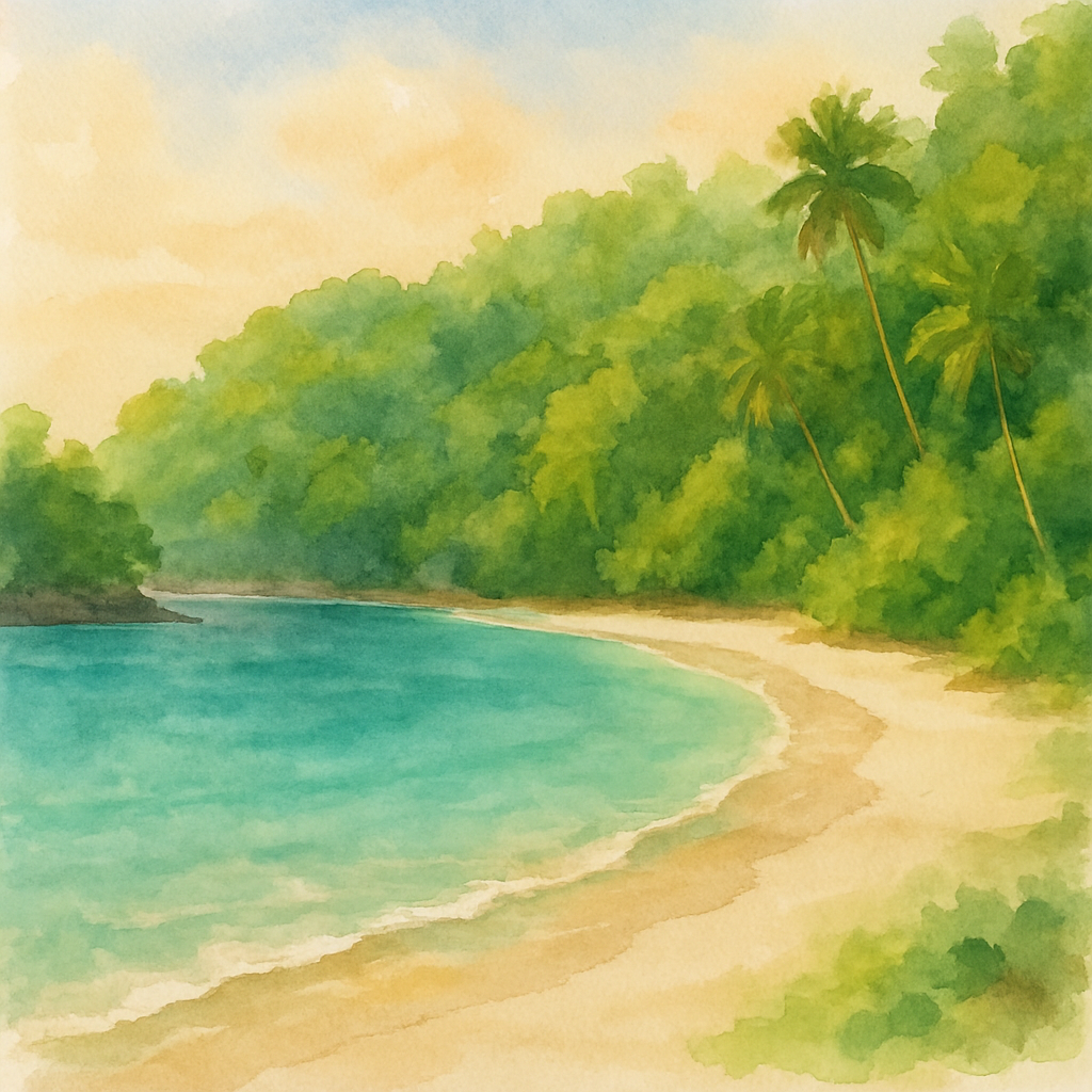 A pristine white sand beach with crystal clear turquoise water surrounded by dense tropical jungle, no people, wild and untouched, São Tomé island, golden hour lighting