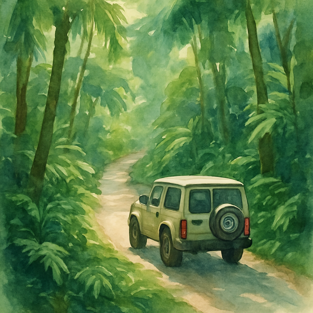 A compact 4x4 SUV driving on a narrow winding road through dense green tropical rainforest in São Tomé, dappled sunlight, no other vehicles visible, adventurous travel mood