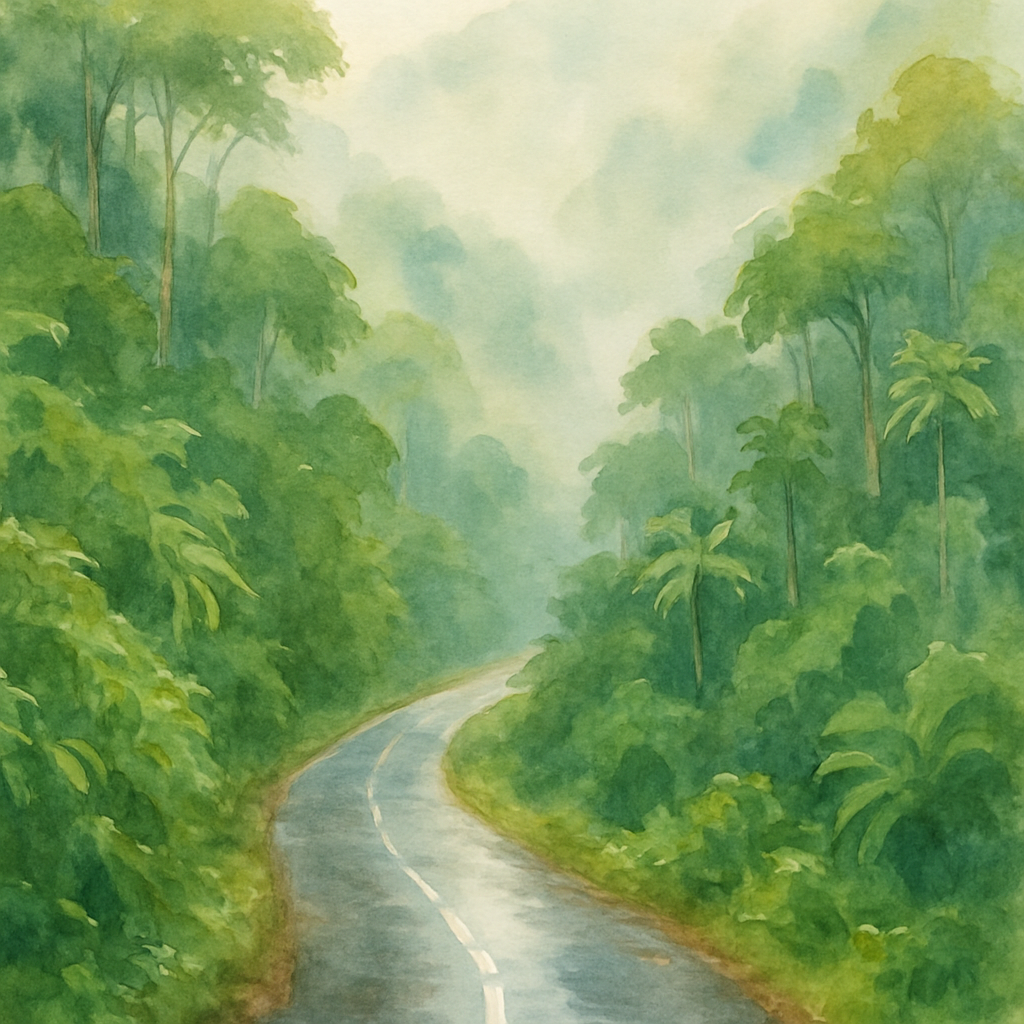 Narrow winding mountain road in São Tomé island surrounded by dense tropical rainforest, wet road surface after rain, mist rising from the jungle canopy, no guardrails visible on the edge