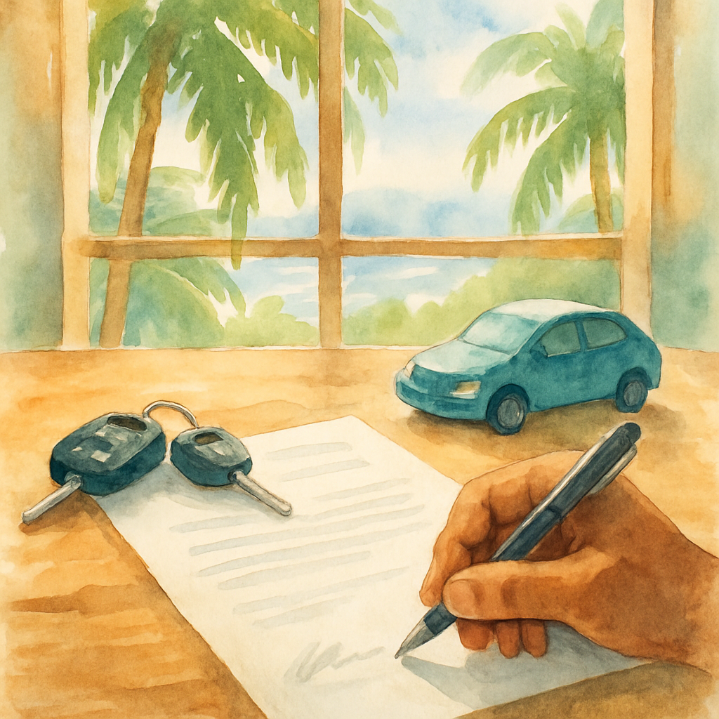 Close-up of a car rental contract being signed on a wooden desk in a tropical office, with car keys, a pen and a small model car visible, natural light coming through a window with palm trees outside