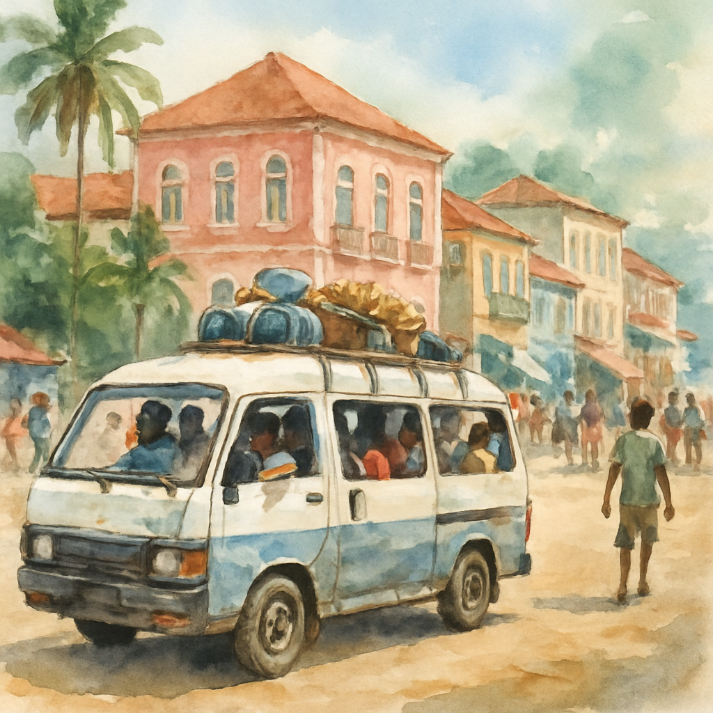 Shared minibus taxi (toca-toca) loaded with passengers and goods on a dusty road in São Tomé city centre, colorful Portuguese colonial architecture in background, busy street scene