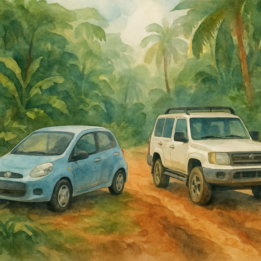 Side-by-side comparison of a compact city car and a white 4x4 SUV parked on a jungle road in São Tomé, muddy laterite track visible, dense tropical vegetation around