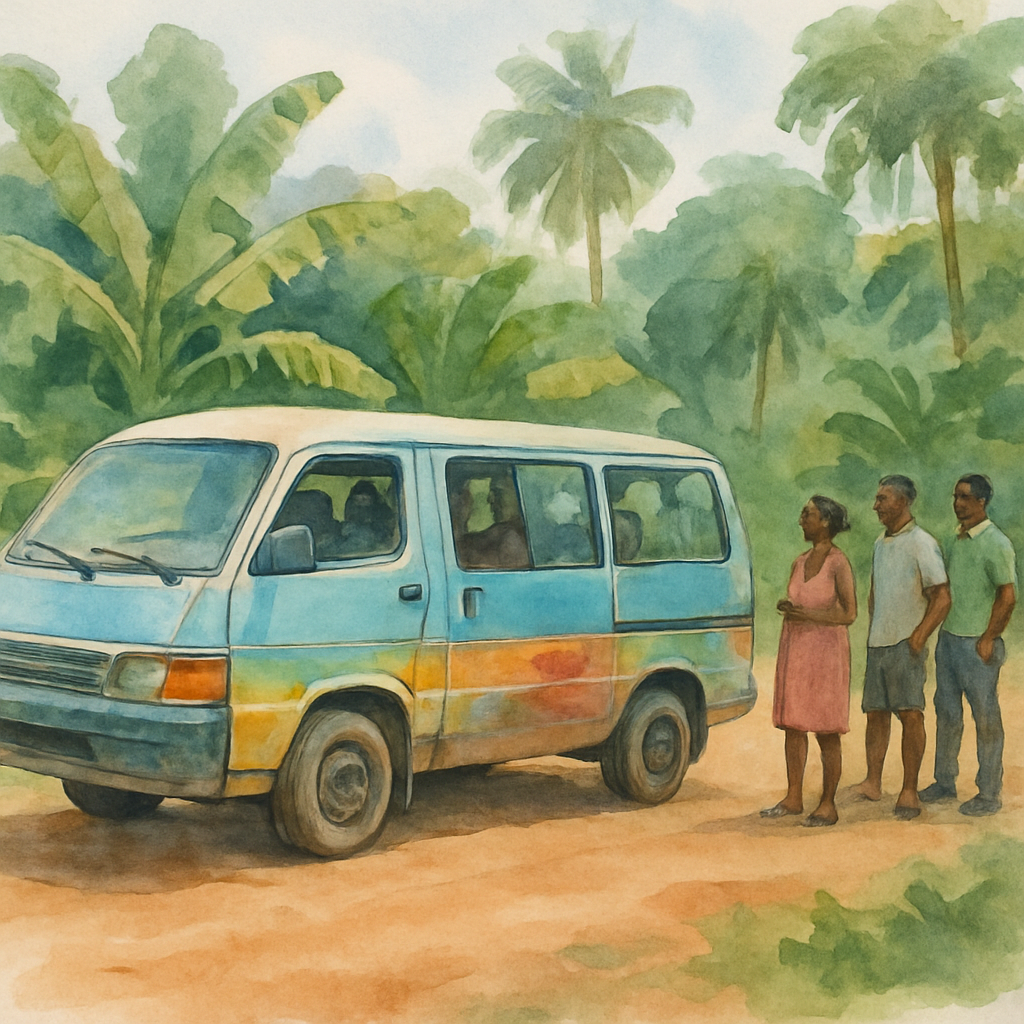 A worn but colorful shared minivan (Hiace) parked on a dusty red-soil road in São Tomé, surrounded by tropical vegetation, local passengers waiting nearby in casual clothing, midday tropical light