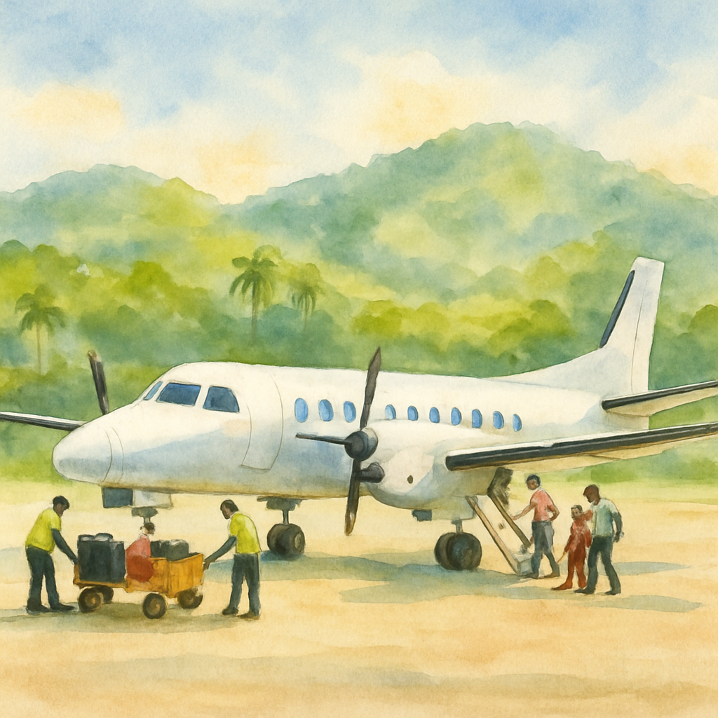 A small propeller aircraft on the tarmac of a small tropical island airport, lush green hills in the background, bright sunlight, airport staff loading luggage, passengers boarding