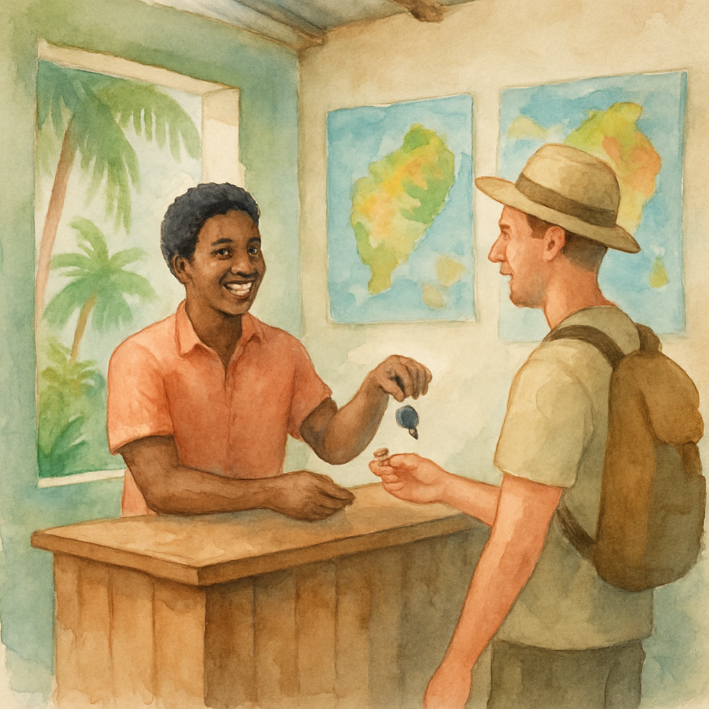 A small local car rental office in São Tomé with a wooden counter, a smiling attendant handing keys to a tourist, colorful maps on the wall and tropical plants visible through an open window