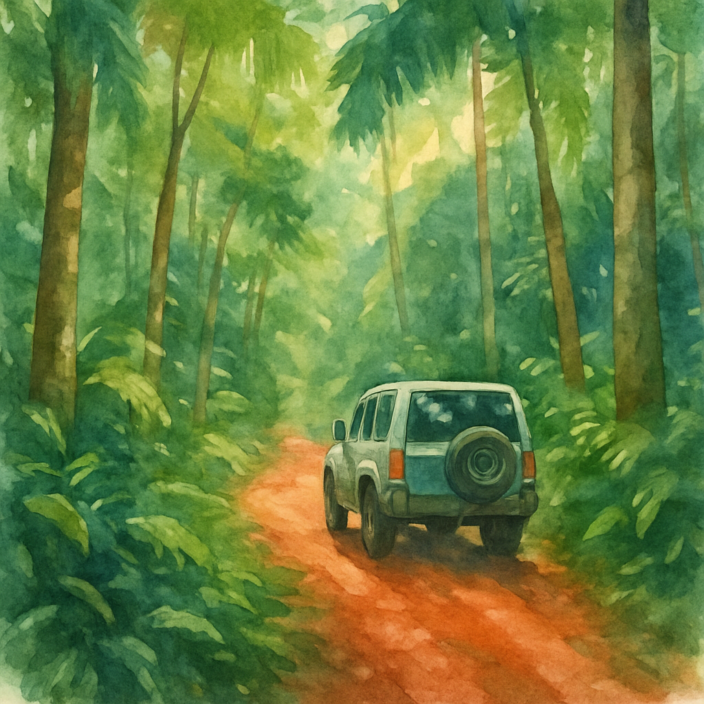 A 4x4 SUV driving on a narrow red dirt road through dense tropical rainforest in São Tomé island, dappled sunlight filtering through tall trees, lush green vegetation on both sides