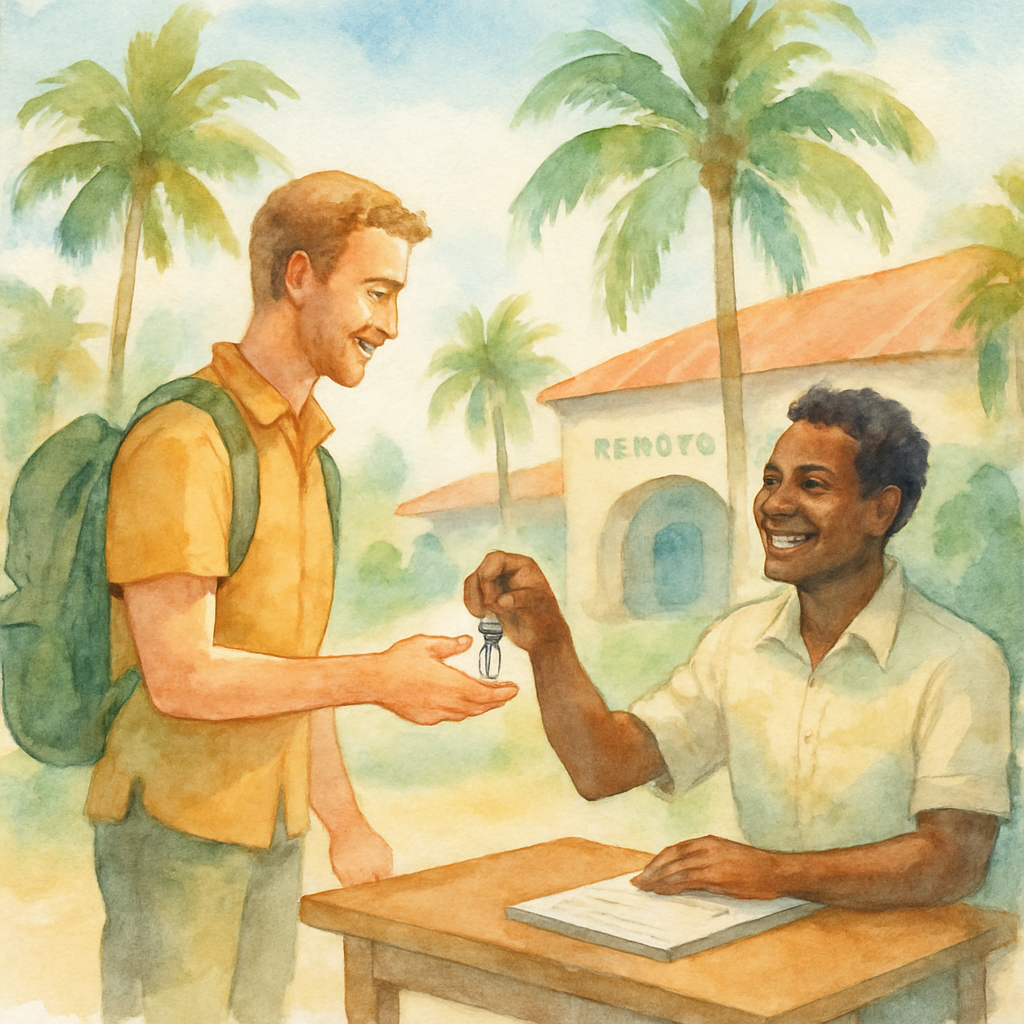 A traveler picking up car keys from a local rental agent at a small outdoor desk near a tropical airport terminal, sunny day, palm trees in background, warm and welcoming atmosphere