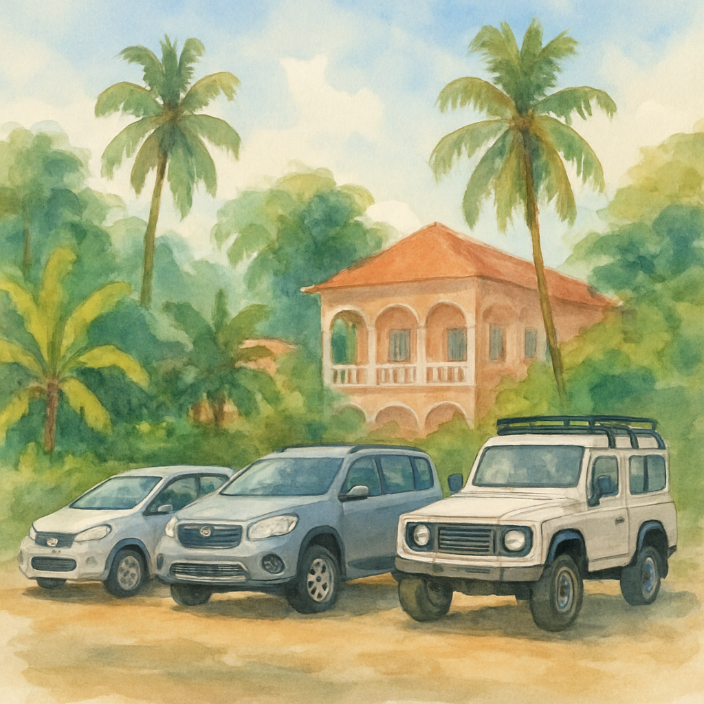 Lineup of different rental vehicles parked in a tropical setting in São Tomé — a compact city car, a mid-size SUV, and a 4x4 off-road vehicle, with lush vegetation and colonial architecture in the background