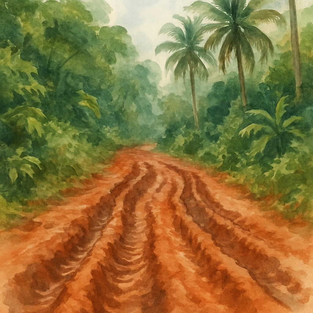 Close-up of a red laterite muddy road in tropical São Tomé island with deep tire tracks, surrounded by thick jungle vegetation and palm trees, showing the challenging terrain conditions