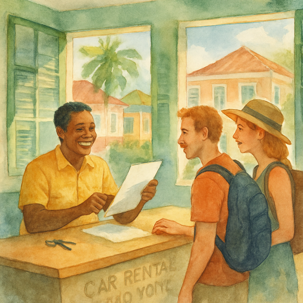 A rental car agency counter in São Tomé city with a smiling local agent showing paperwork to a tourist couple, colorful São Tomé colonial-style architecture visible through the open windows, bright tropical sunlight