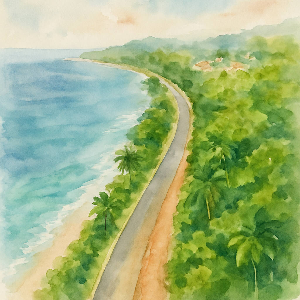 Aerial view of a coastal road in São Tomé island with the Atlantic Ocean on one side and lush tropical forest on the other, showing a mix of tarmac and unpaved sections, small local village visible in the distance