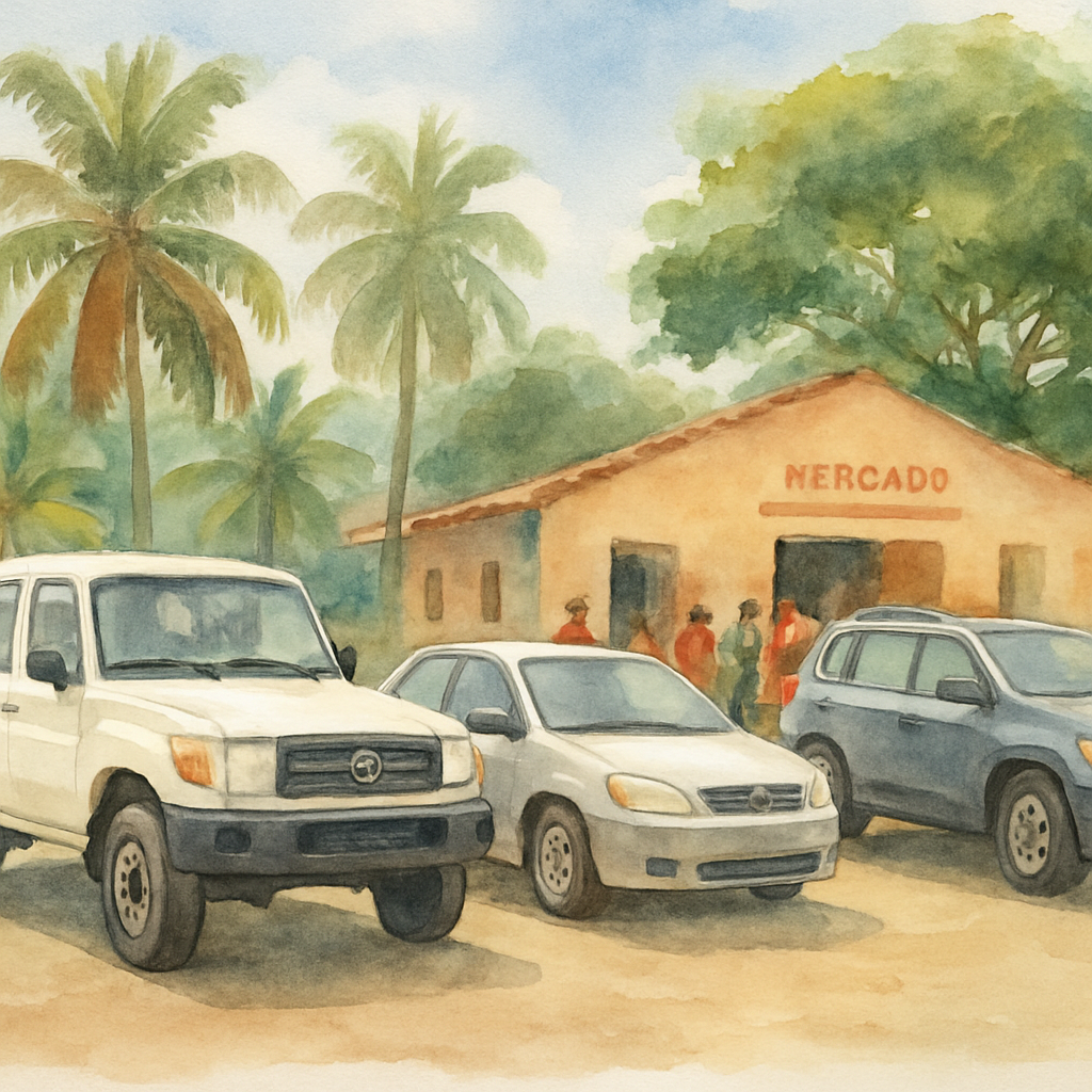 Side-by-side comparison scene showing three vehicles parked near a São Tomé market: a white Toyota Land Cruiser 4x4, a compact sedan and a mid-size SUV, with local people and tropical trees in background, bright daylight