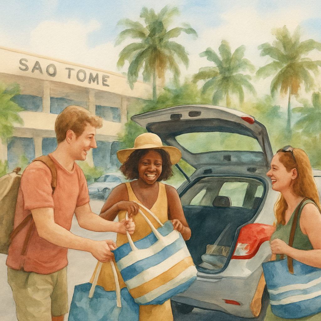 Tourists loading beach bags into a rental car at São Tomé airport parking lot, smiling, tropical vegetation in background, bright daylight, realistic photography style