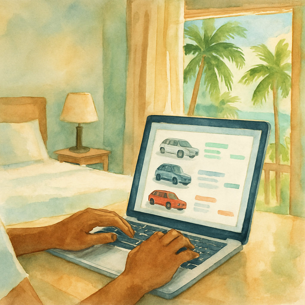 Close-up of a person using a laptop to compare car rental prices on a website, tropical hotel room background with open window showing palm trees, natural light, clean and modern aesthetic