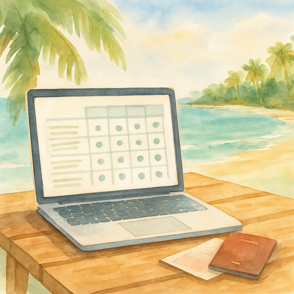A price comparison table displayed on a laptop screen placed on a wooden beach table in São Tomé, with a tropical ocean view in the background, natural afternoon light, travel documents and a passport beside the laptop