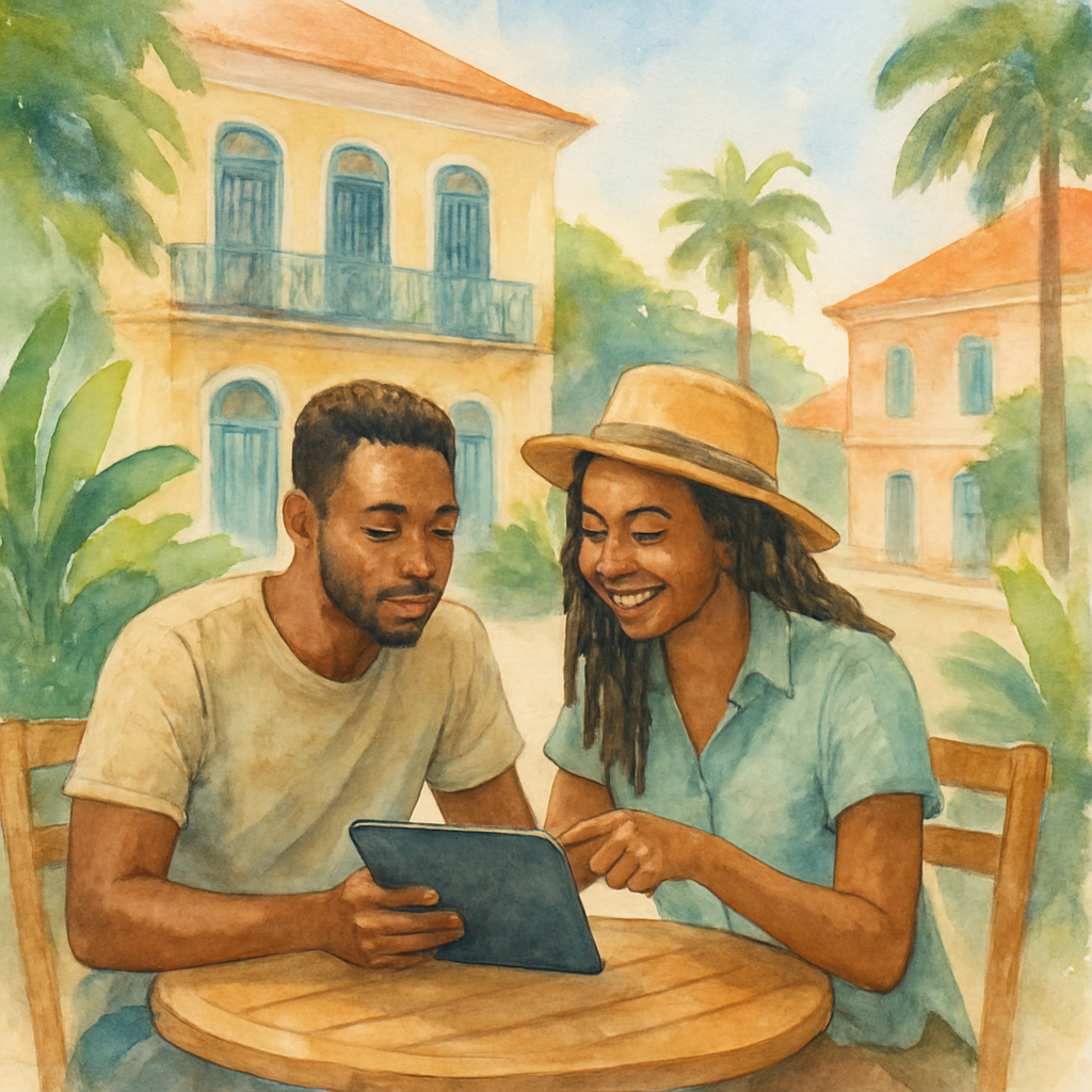 Two people comparing car rental options on a tablet computer at a sunny outdoor café terrace in São Tomé city, colonial architecture visible in the background, tropical plants around, casual travel clothing