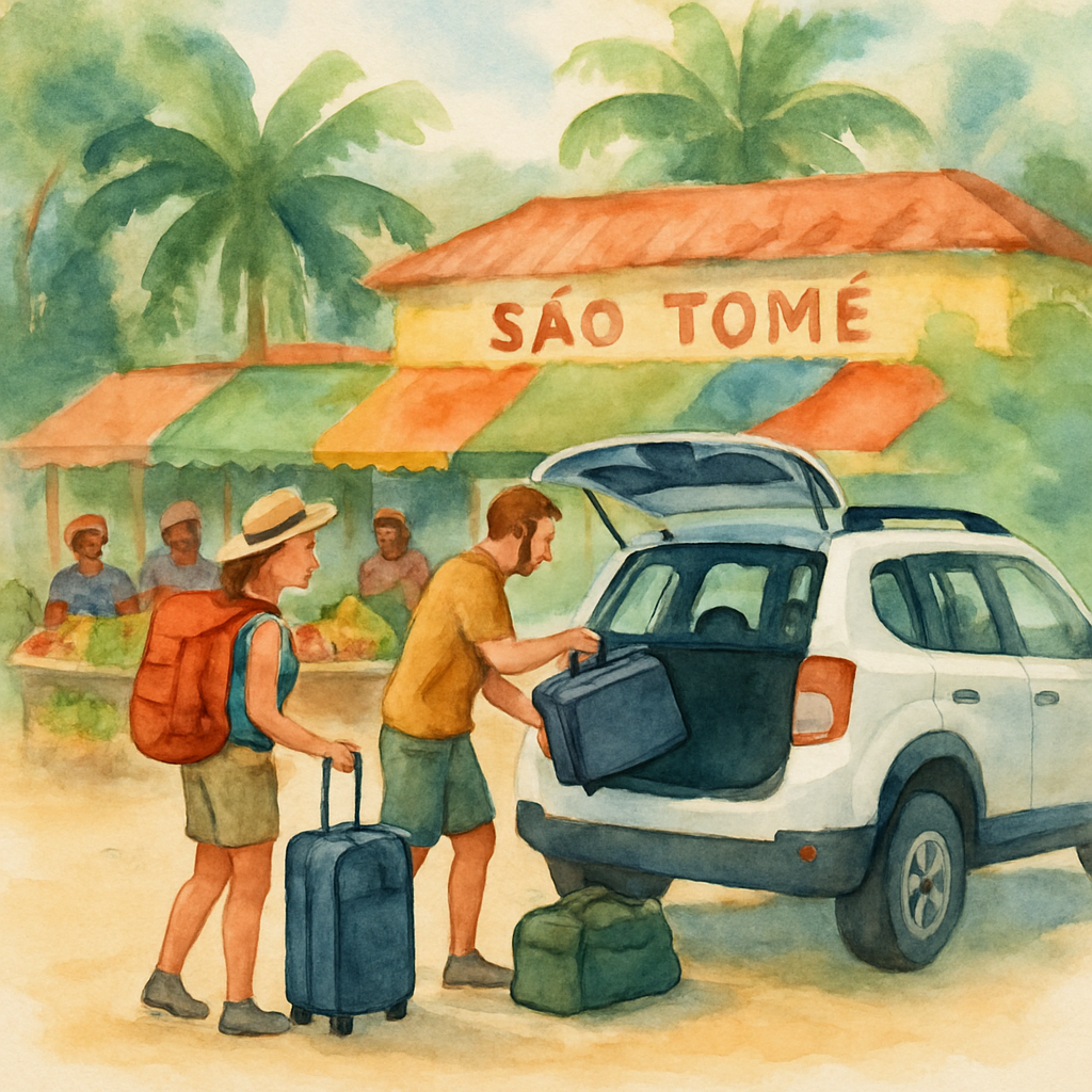 Tourist couple loading luggage into a small 4x4 rental car in front of a vibrant São Tomé market with colourful fruit stalls and local vendors in the background