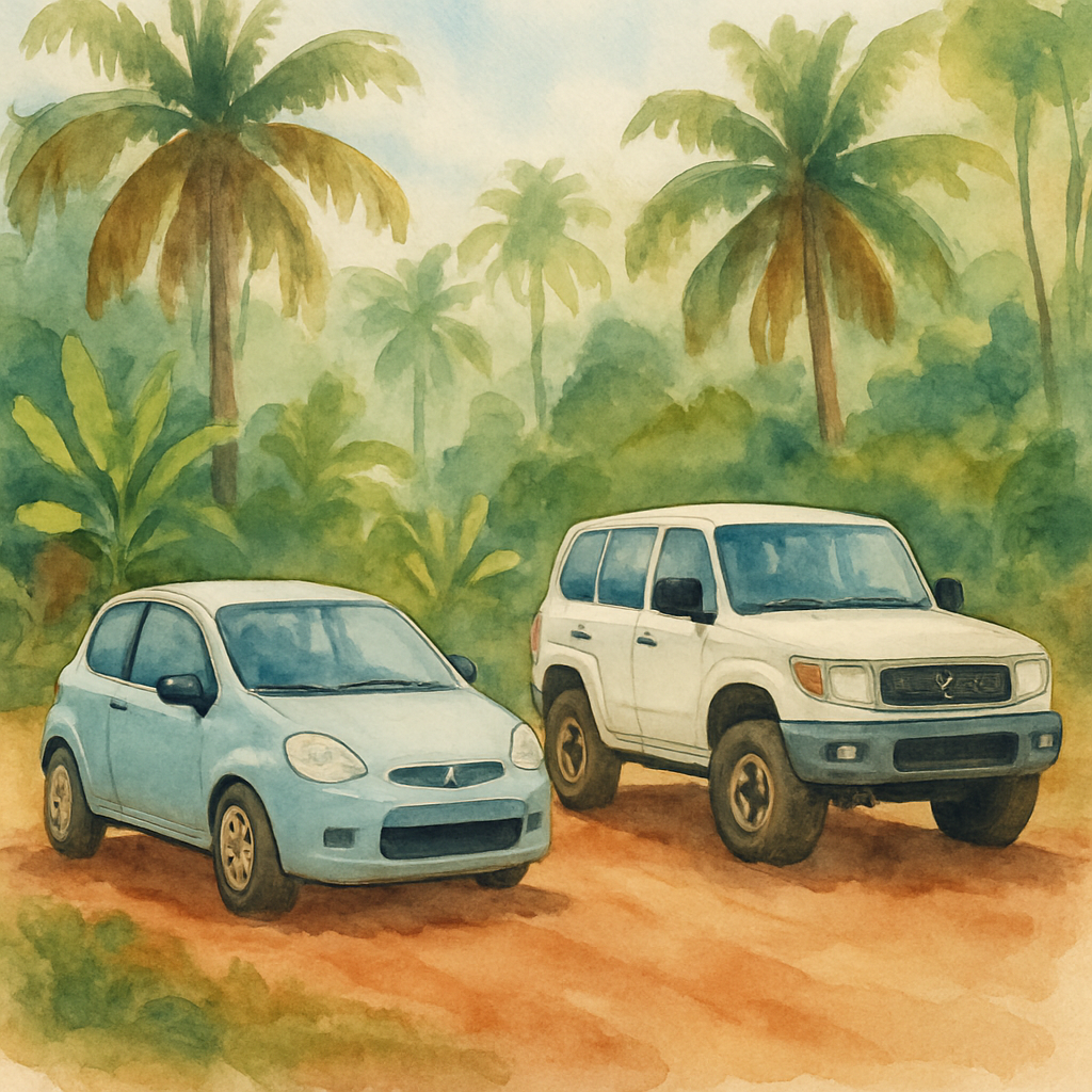 Side-by-side comparison of a small city car and a white 4x4 SUV parked on a dusty red dirt road surrounded by São Tomé tropical vegetation and palm trees