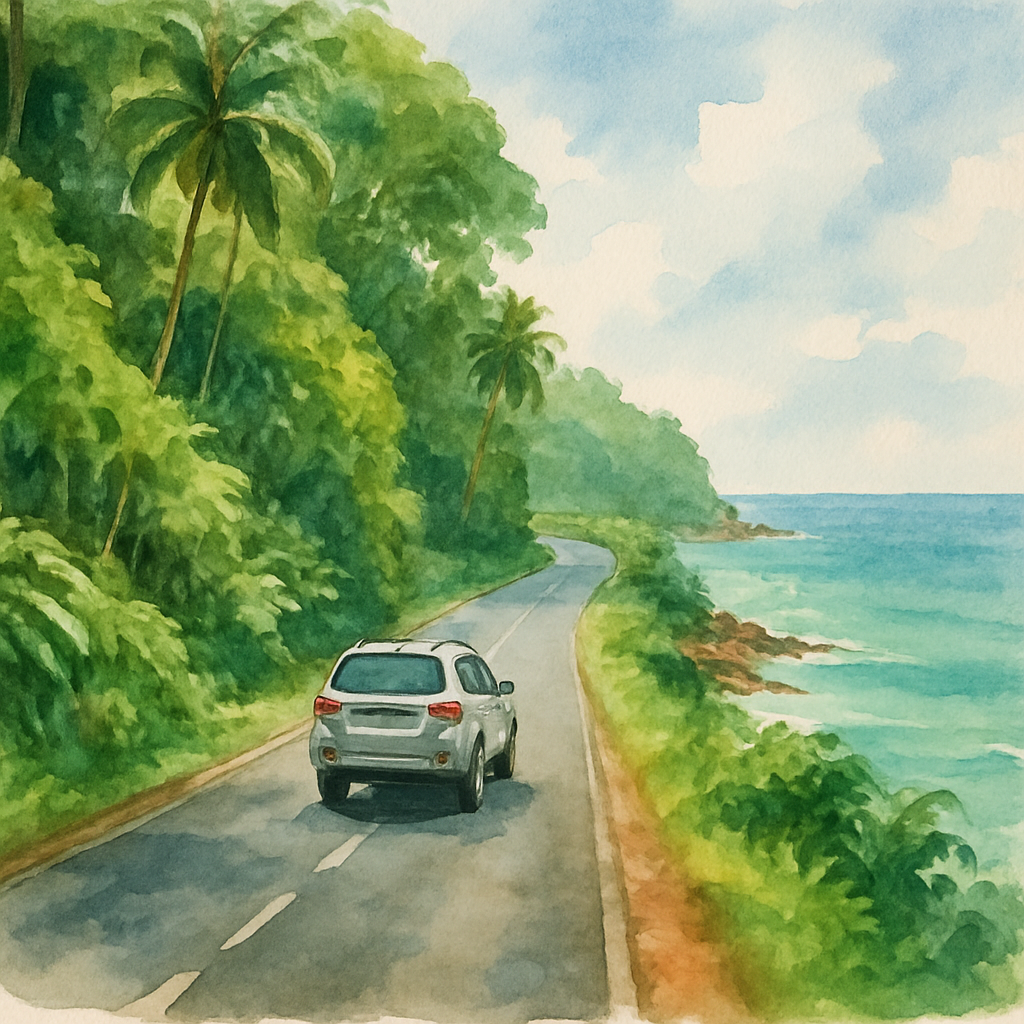 A scenic coastal road in São Tomé island with a silver SUV driving along lush green rainforest on one side and turquoise Atlantic Ocean on the other, bright tropical daylight, photorealistic travel photography style