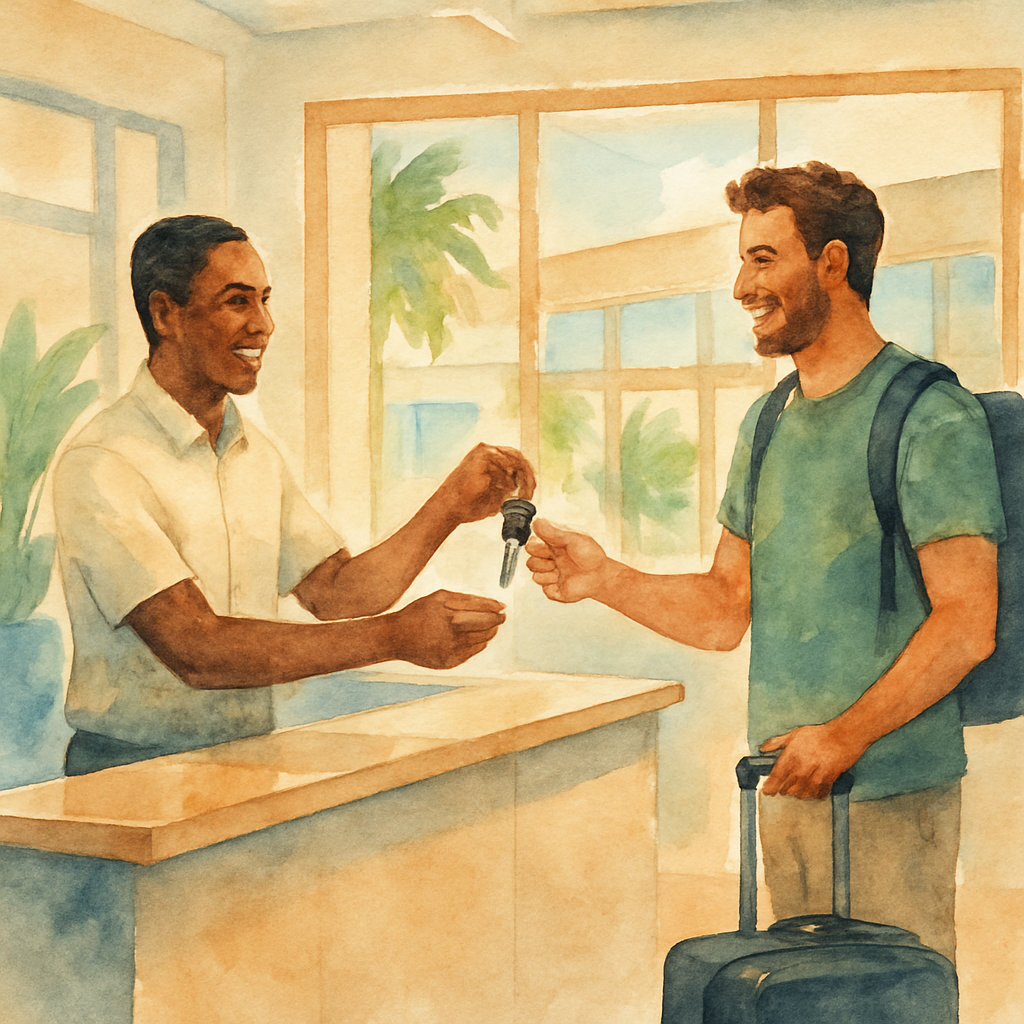 Inside a clean and modern car rental office at São Tomé airport, a friendly agent in a light shirt handing keys to a smiling traveler with luggage, tropical warm lighting, professional travel photography