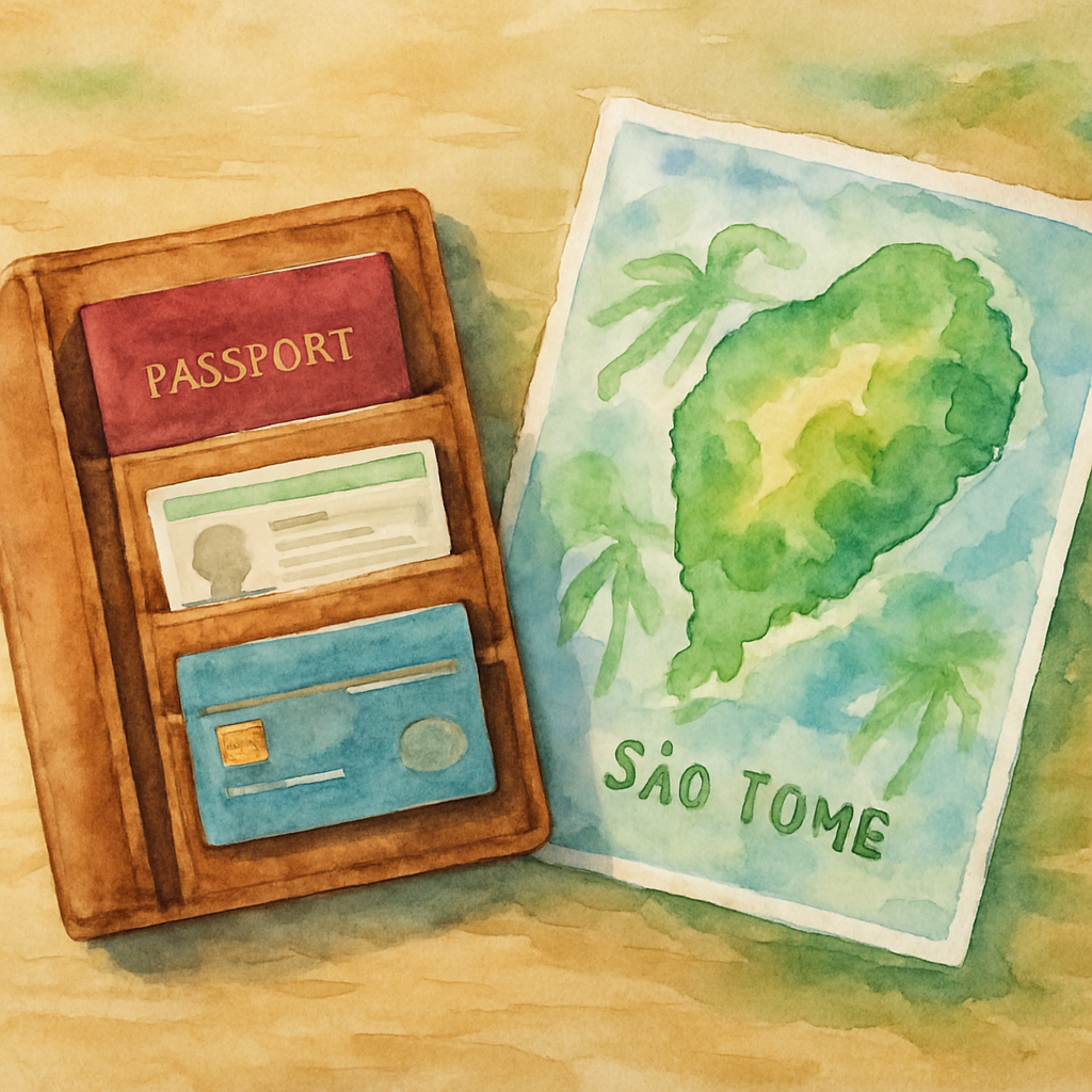 Close-up of a travel document wallet containing a passport, driver's license, and credit card laid on a wooden table next to a São Tomé tourist map, natural daylight, flat lay composition