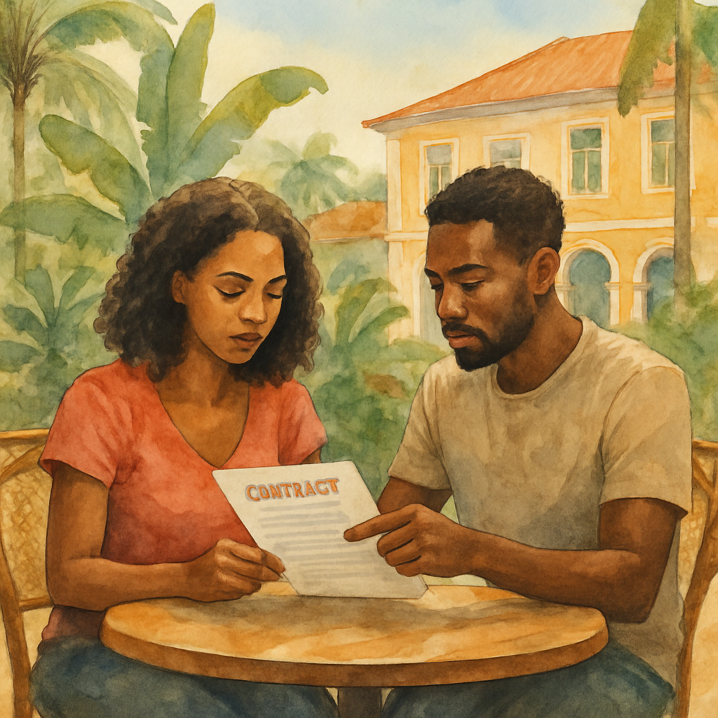 A couple reviewing a car rental contract at an outdoor café table in São Tomé, tropical plants and colonial architecture in the background, natural light, warm tones, realistic photography style