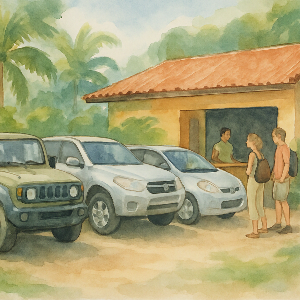 Small local car rental office in São Tomé city with a row of 4x4 SUVs and compact cars parked outside, tropical vegetation visible, a staff member in casual attire talking to a tourist couple near the reception desk