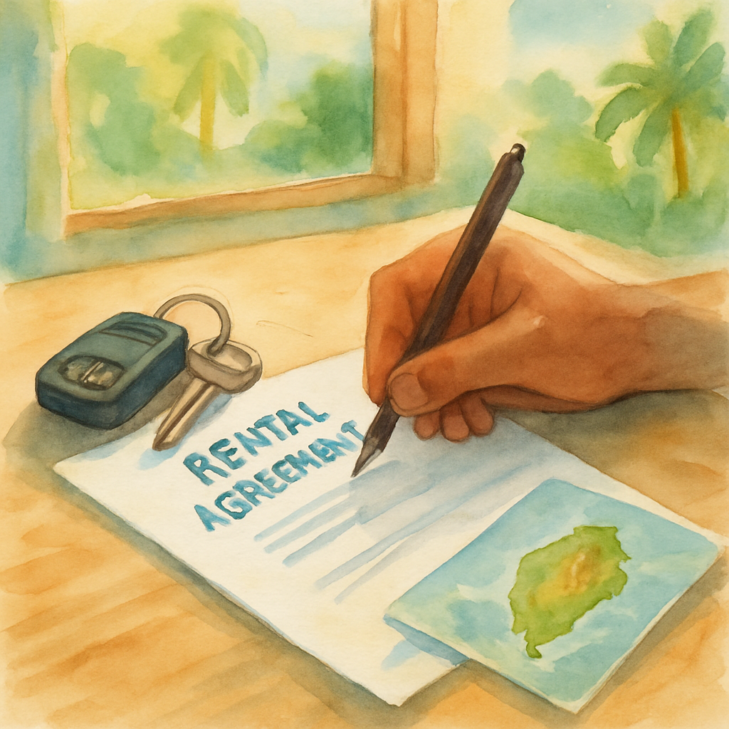 Close-up of a rental car contract being signed on a desk with car keys and a small map of São Tomé island visible, natural light from a window, professional but relaxed atmosphere