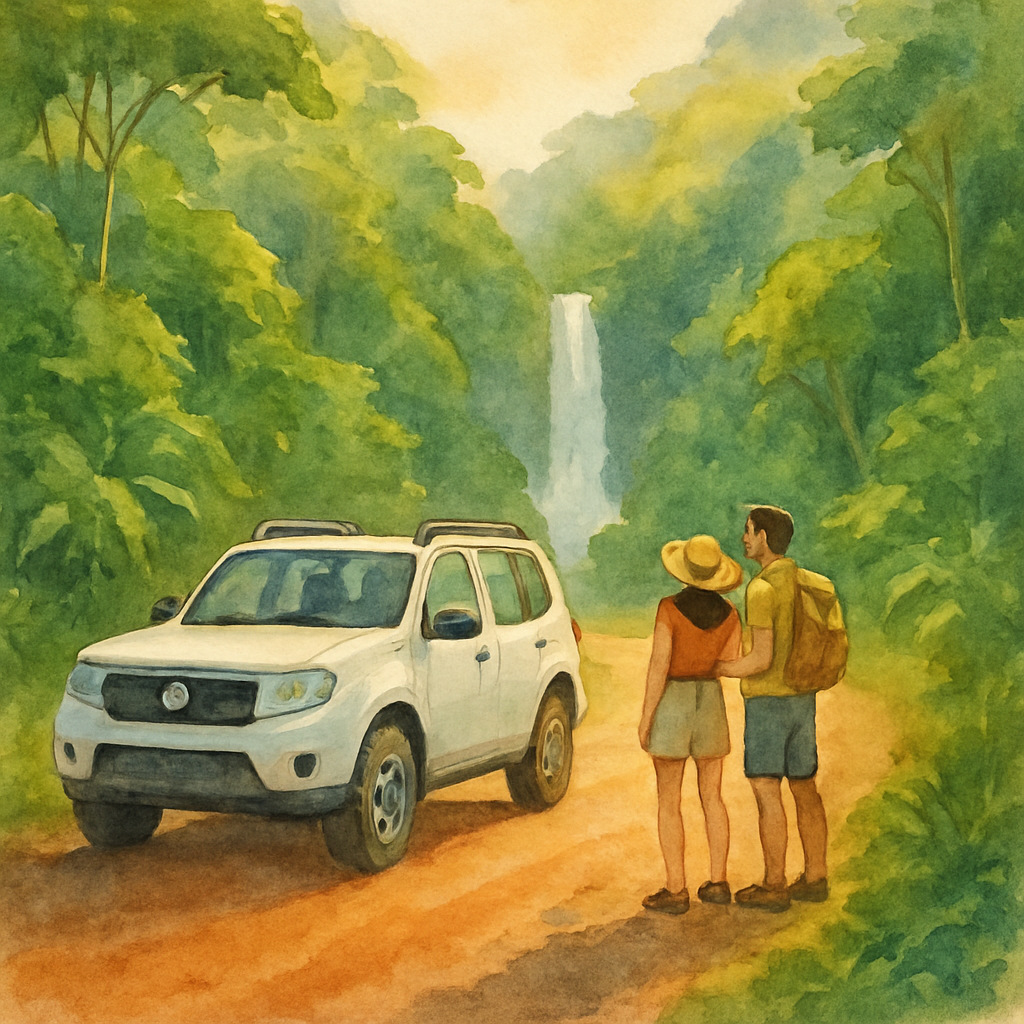 A tourist couple standing next to a white 4x4 SUV rental car on a scenic red dirt road in São Tomé, with dense rainforest on both sides and a waterfall visible in the background, golden afternoon light