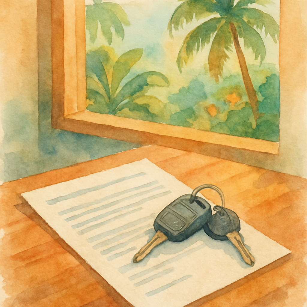 Close-up of a car rental contract and car keys on a wooden desk at a rental agency office in São Tomé, with tropical plants visible through an open window and natural warm light coming in