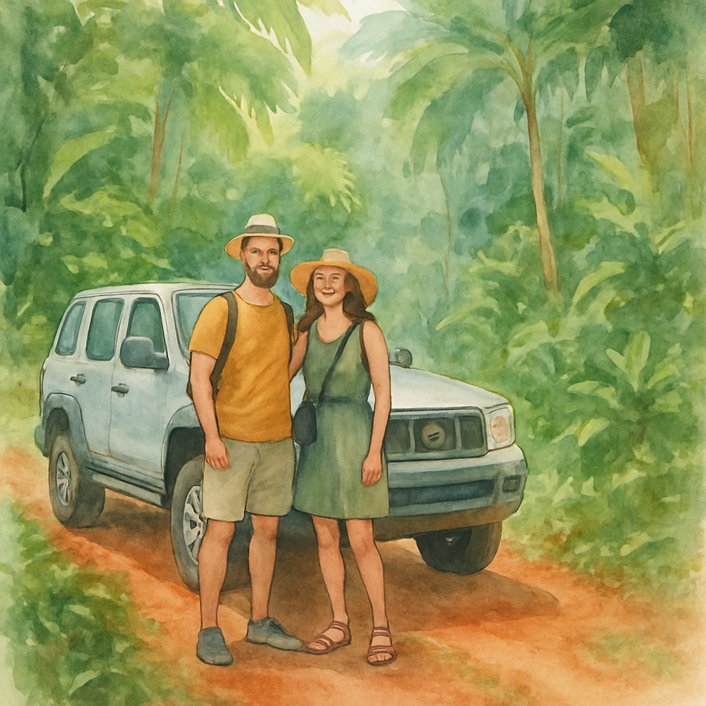Happy tourist couple standing next to a 4x4 rental car on a red dirt road surrounded by dense tropical jungle in São Tomé island, bright daylight, greenery everywhere