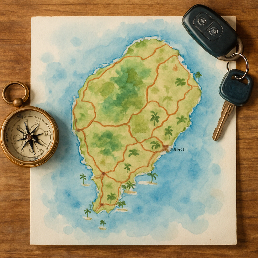 Detailed hand-drawn style map of São Tomé island with marked tourist spots, roads, beaches and roças, placed on a wooden table next to a compass and car keys