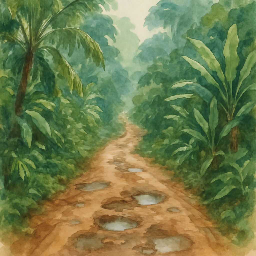 Narrow jungle road in São Tomé with uneven terrain and potholes, surrounded by dense tropical vegetation, showing why a 4x4 vehicle is necessary for off-road exploration on the island
