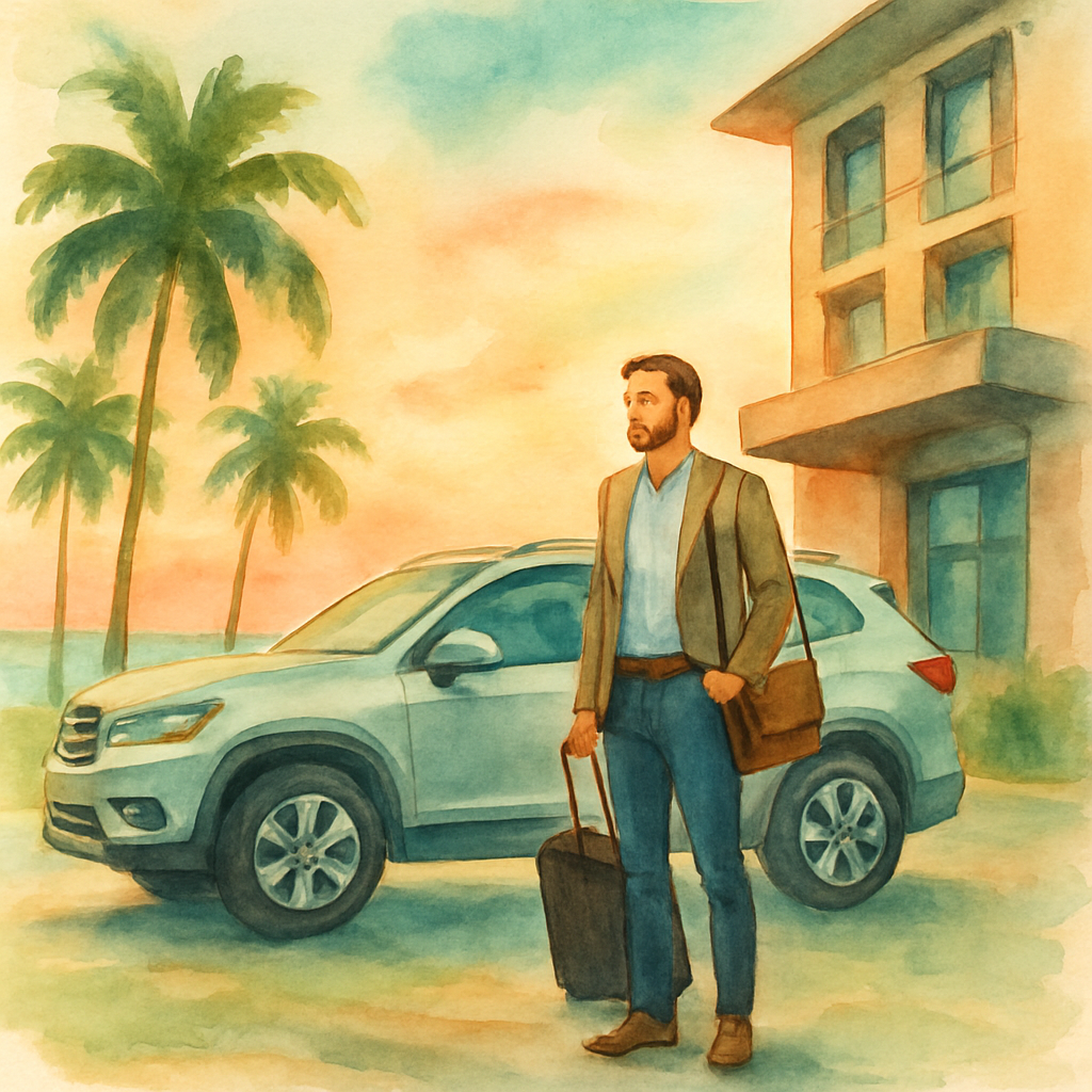 A business traveler in smart casual clothes standing next to a clean silver SUV parked outside a modern hotel in São Tomé city, with palm trees and ocean visible in the background at sunset