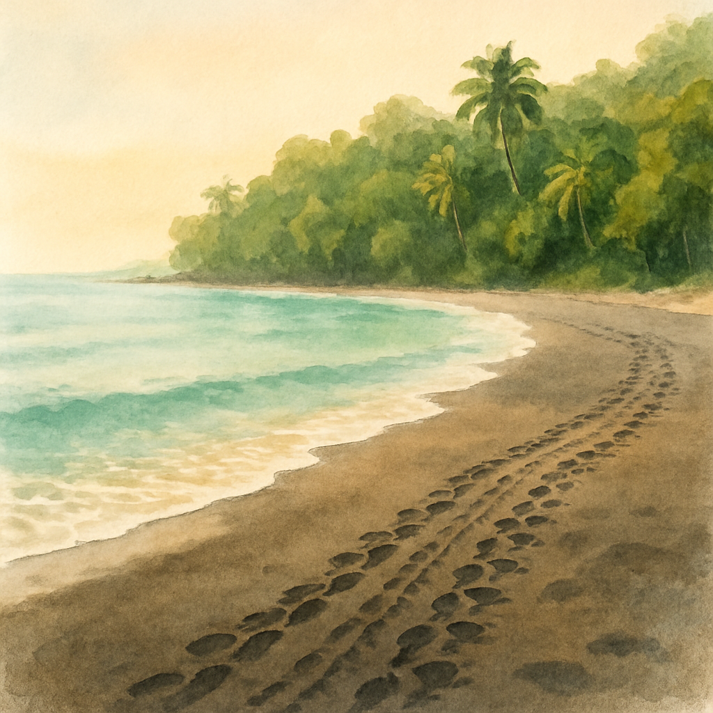 Wide shot of Praia Jalé in São Tomé, calm turquoise sea, dark volcanic sand, dense tropical forest in the background, sea turtles tracks visible on the beach, early morning golden light