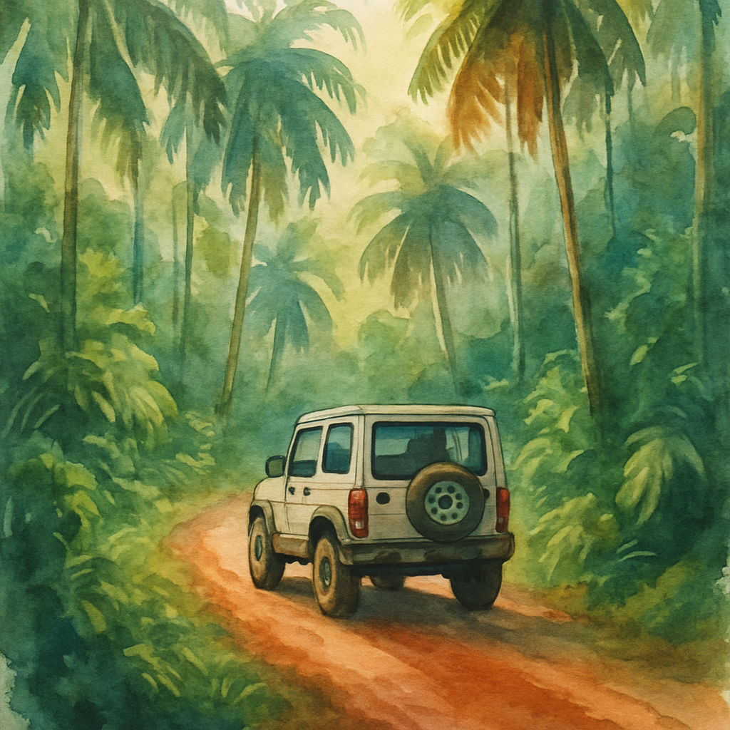 A compact 4x4 SUV driving on a narrow red dirt road surrounded by dense tropical jungle in São Tomé and Príncipe, sunlight filtering through tall palm trees, adventure travel mood