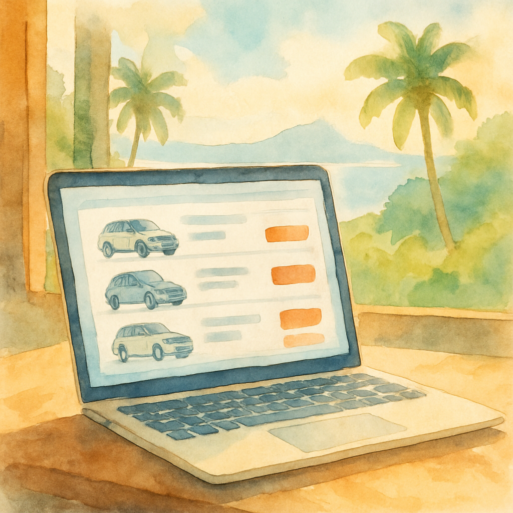 Close-up of a price comparison dashboard on a laptop screen showing car rental options in São Tomé, with tropical scenery visible through a window in the background, warm natural lighting