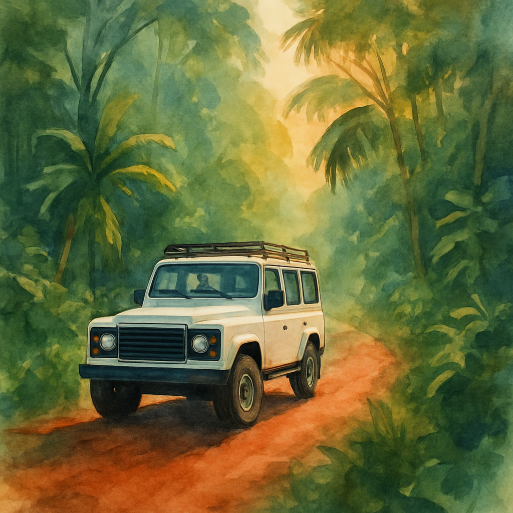 A white 4x4 SUV parked on a narrow red dirt road surrounded by dense tropical rainforest in São Tomé island, golden afternoon light filtering through the trees, adventure travel feel