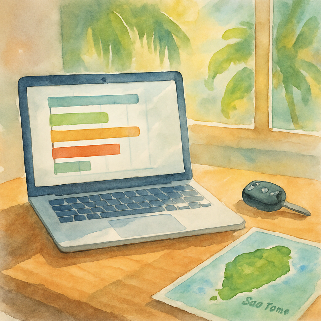 A price comparison chart displayed on a laptop screen beside a car key and a map of São Tomé island on a wooden desk, natural tropical light filtering through a window, suggesting informed travel planning