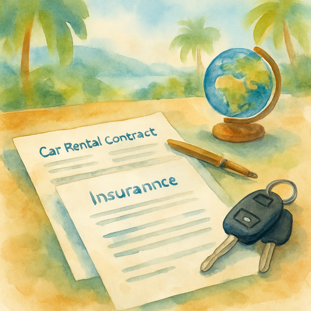 Close-up of a car rental contract and insurance documents on a desk in a São Tomé office, with a pen, car keys and a small globe nearby, emphasizing transparency and informed decision-making