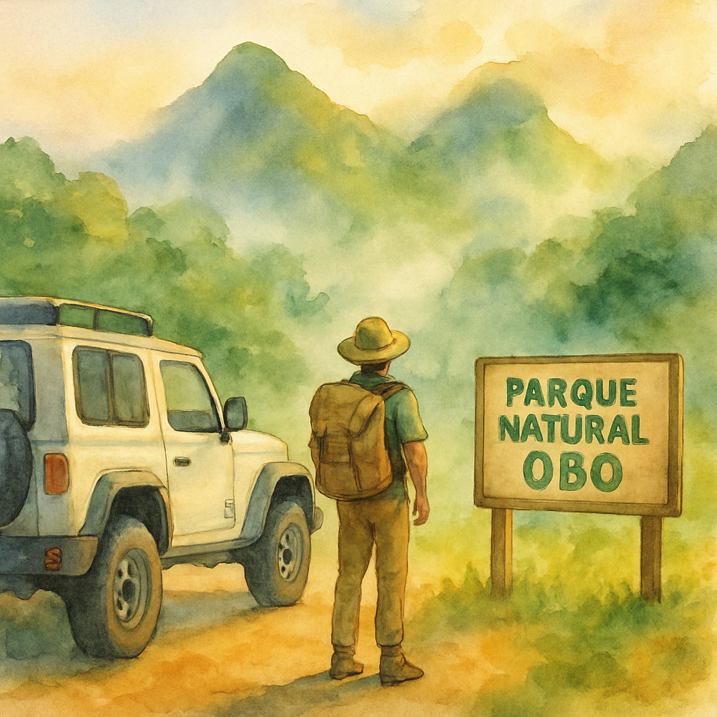 Traveler standing next to a rental 4x4 jeep at the entrance of Obo National Park in São Tomé, misty green mountains in the background, golden hour lighting