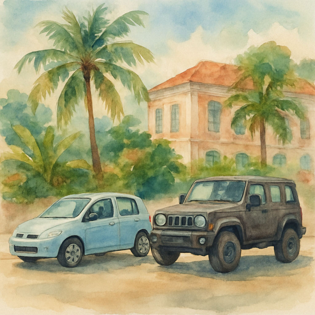 Comparison of two rental vehicles side by side on a São Tomé street: a small economy hatchback and a rugged 4x4 SUV, tropical vegetation and colonial architecture in the background